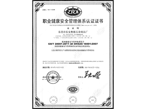 18000職業健康安全管理體系認證證書中文版